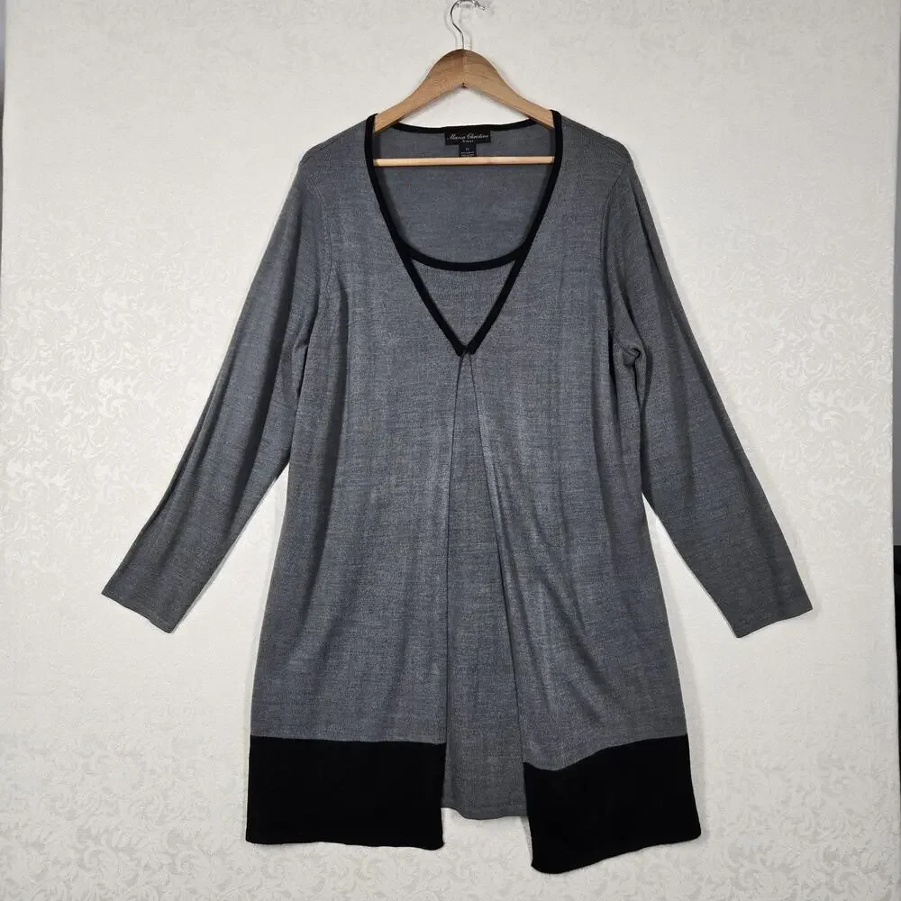 Marisa Christina Longline Cardigan Sweater sz 1X Gray Black Attached Tank Career